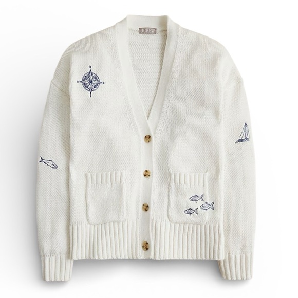 J. Crew Heritage Cotton Relaxed Cardigan Nautical Embroidery White M Coastal - Picture 1 of 8